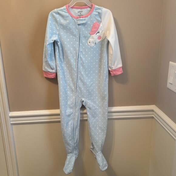 CARTER'S Girl's Size 3T FLEECE FOOTED ZIP-UP SLEEPER UNICORN Pattern in Blue - Picture 1 of 2